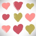 Set of cute gold, pink, red hearts. Grunge hearts of different shapes Royalty Free Stock Photo