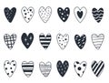 Hearts in black and white graphic style, hand drawn set