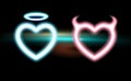 Heart set neon blue, pink radiant horned Devil, glow halo Angel for Valentines day Halloween. Icon holiday night love design. Royalty Free Stock Photo