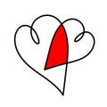 Heart set. Red and black hearts with intersection. Happy Valentines Day. Two crossed hearts. Thin line icon. Doodle hand draw Royalty Free Stock Photo