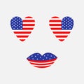 Heart shape american flag icon set. Face with eyes and lips. Star and strip. Happy independence day United states of America. 4th