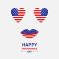 Heart shape american flag icon set. Face with eyes and lips. Star and strip. 4th of July. Happy independence day United states of