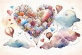 Heart shape from balloons and flowers, watercolor. Generative ai Royalty Free Stock Photo