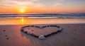 Heart Shape on Beach Sunset with Shells and Waves Royalty Free Stock Photo