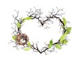 Heart shape. Birds nest, branches, spring leaves. Watercolor floral wreath for wedding, spring card