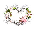 Heart shape. Branches, apple blossom, sakura flowers. Watercolor floral wreath for wedding, spring card Royalty Free Stock Photo