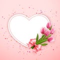 Heart shape card banner pink elegant tulip flower and cute ribbon