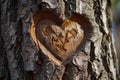 A heart shape is carved into the rough bark of a tree, showcasing a visible symbol of love, Carved initials within a heart on a Royalty Free Stock Photo