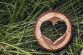 Heart shape carved in wood lies on a green grass. Royalty Free Stock Photo