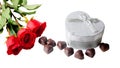 Heart shape chocolate, red roses and gift box Royalty Free Stock Photo