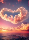 Heart shape cloud above the ocean in a pink sunrise light. Calm morning seaside. Magical scene, love and romance concept, peaceful