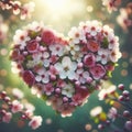 heart shape collect with blooming spring flowers on blurred green background. ai generative