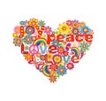 Heart shape with colorful flowers and hippie symbolic