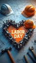 Heart shape constructed from various tools, hardware, with LABOR DAY text inside. Hard hats, blueprints form background. Royalty Free Stock Photo