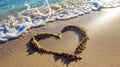 Heart shape drawn on a sandy beach with approaching sea foam