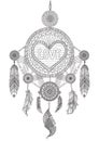 Heart shape dream catcher with beautiful feathers for coloring book for adult, wedding invitation and valentine`s card