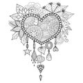 Heart shape floral dream catcher for coloring book for adult