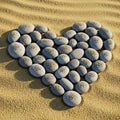 A heart shape is formed using smooth gray pebbles arranged on a sandy Royalty Free Stock Photo