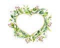 Heart shape frame with floral elements. Wreath with green grass, flowers, leaves. Decorative botanical border with