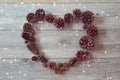 Heart shape frame from pine corn on wooden background Royalty Free Stock Photo