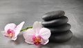 Flower and stone zen spa on grey background