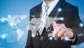 Businessman touching world map on blurred background. Global business and communication concept