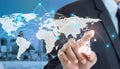 Businessman touching world map on blurred background. Global business and communication concept