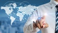 Businessman touching world map on blurred background. Global business and communication concept