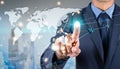 Businessman touching world map on blurred background. Global business and communication concept