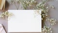 Styled stock photo. Feminine wedding desktop stationery mockup with blank greeting card, baby`s breath Gypsophila Royalty Free Stock Photo