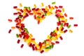 Heart shape from gummy bears on a white background, love concept