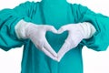 Heart Shape Hands Of Surgeon Doctor In The Green Gown On White B