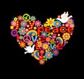 Heart shape with hippie symbolic and doves