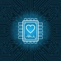 Heart Shape Icon On Chip Over Blue Circuit Motherboard Background