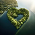 Heart shape island in the forest from drone view in concept of environment caring devotion, water sustainability and Royalty Free Stock Photo