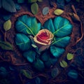 Heart shape made of blooming rose and green leaves, natural arrangement Royalty Free Stock Photo