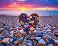 heart shape made of colorful stones is on the beach at sunset. Royalty Free Stock Photo