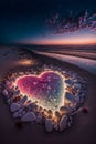 Heart shape made of colorful stones on the beach at sunset. Love concept.  Generative AI Royalty Free Stock Photo