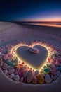 Heart shape made of colorful stones on the beach at sunset. Love concept.  Generative AI Royalty Free Stock Photo