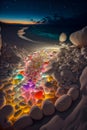 Heart shape made of colorful stones on the beach at sunset. Love concept.  Generative AI Royalty Free Stock Photo