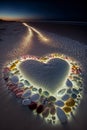 Heart shape made of colorful stones on the beach at sunset. Love concept.  Generative AI Royalty Free Stock Photo