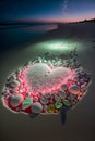 Heart shape made of colorful stones on the beach at sunset. Love concept.  Generative AI Royalty Free Stock Photo