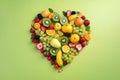 Heart shape made of different fruits and berries isolated on green background. Heart symbol. Fruit diet and healthy organic food Royalty Free Stock Photo