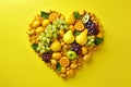 Heart shape made of different fruits and berries isolated on yellow background. Royalty Free Stock Photo