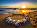 Heart Shape of Seashells on Beach Sand at Sunset with Ocean and Royalty Free Stock Photo