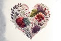 Heart shape made of flowers and leaves on white background. Valentines day. Love with plants. Generative AI Royalty Free Stock Photo