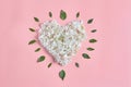 heart shape made of flowers on a pink background. Royalty Free Stock Photo