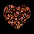 Heart shape made of folk flowers, dots, abstract hearts with golden hue. Valentine`s day. Happy Valentine`s day greeting card Royalty Free Stock Photo