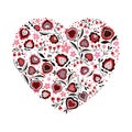 Heart shape made of folk flowers, dots, abstract hearts. Valentine`s day. Happy Valentine`s day greeting card template in heart Royalty Free Stock Photo