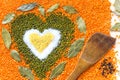 Heart shape made of mixed wheat grains, salt, green mung beans,